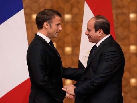 French President Emmanuel Macron and Egyptian President Abdul Fattah Al Sissi at the end of a joint press conference in Cairo, on October 25, 2023.