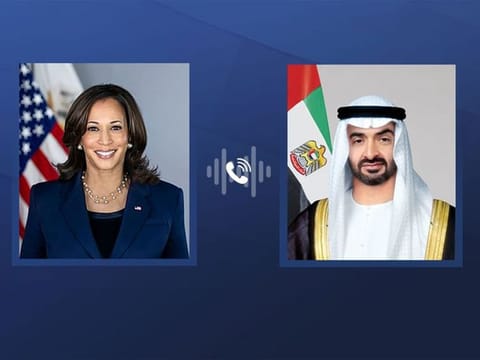 US Vice President Kamala Harris (L) and President His Highness Sheikh Mohamed bin Zayed Al Nahyan (R).
