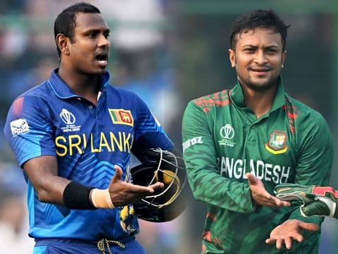 Sri Lanka’s Angelo Mathews (left) reacts after he was timed out during the 2023 ICC Men's Cricket World Cup against Bangladesh at the Arun Jaitley Stadium in New Delhi on November 6, 2023. He was the first timed-out dismissal in international cricket. Bangladesh captain Shakib Al Hasan is on the right.