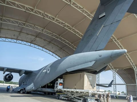 Supplies being loaded in Abu Dhabi, headed for Al-Arish International Airport in Egypt, for onward transport to Gaza