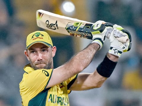 Australia's Glenn Maxwell plays a shot during the 2023 ICC Men's Cricket World Cup match against Afghanistan at the Wankhede Stadium in Mumbai on November 7, 2023.