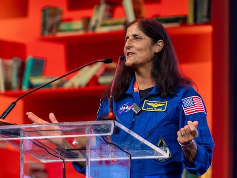 Sunita Williams addressing SIBF 2023 at Expo Centre Sharjah