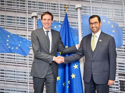 Dr Sultan Al Jaber (right), COP28 President, with EU Climate Commissioner and Chief COP28 Negotiator Wopke Hoekstra in Brussels on Monday