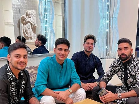 From left: Shubman Gill, Kuldeep Yadav and Mohammed Siraj