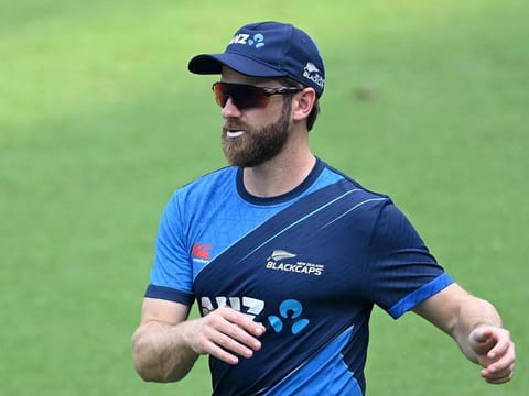 New Zealand's Kane Williamson attends a practice session at the Wankhede Cricket Stadium in Mumbai on November 14, 2023.