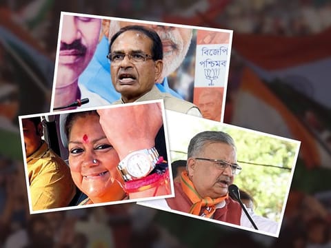 Upcoming assembly elections in India have the potential to significantly impact the political careers of Madhya Pradesh Chief Minister Shivraj Singh Chauhan (top), former Rajasthan Chief Minister Vasundhara Raje Scindia (left), and the resurrected former Chief Minister of Chhattisgarh, Raman Singh (right)