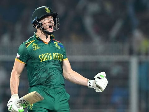 South Africa’s David Miller celebrates after scoring a century during the ICC Men's Cricket World Cup semifinal against Australia at the Eden Gardens in Kolkata, India, on November 16, 2023. Miller’s knock lend respectability to the South African innings after the first four batters perished for 24 in 12 overs.