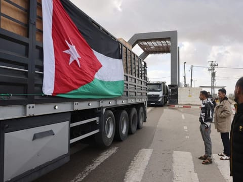 An aid convoy, including a filed hospital, bearing the Jordanian flag enters the Gaza Strip through the Rafah crossing with Egypt, on November 20, 2023.