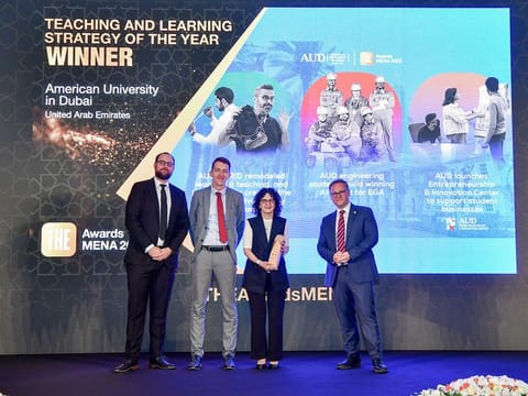 From left: Nick Davis, President, Middle East & Africa, THE, Patrick Jack, Dr. Sabrina Joseph: AUD Provost and Chief Academic Officer, Phil Baty: Chief Global Affairs Officer, THE