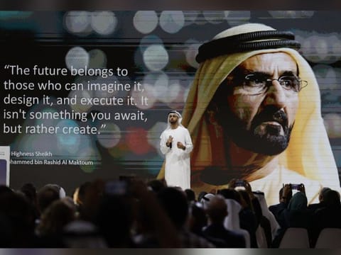 Omar Sultan Al Olama, Deputy Managing Director of the Dubai Future Foundation, gives an opening remarks at Dubai Future Forum at Museum of the Future in Dubai.