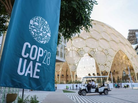 The annoucement came on Monday, which is dedicated to finance discussions at COP28. File image of COP28 banner near Al Wasl dome at Expo City Dubai.