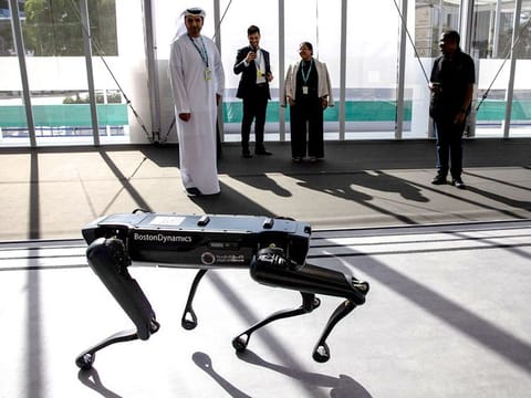 Attendees watch a Boston Dynamics Inc. Spot robot inside the Energy Transition hub within the Green Zone. The Startup Village at COP28 is a good place to learn about the robotic dog and other innovations.