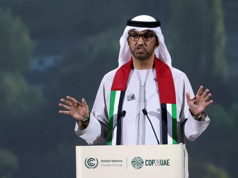 COP28 President Sultan Ahmed Al Jaber speaks during the Summit on Methane and other Non-CO2 Greenhouse Gases on day three of the COP28 UN Climate Conference at Expo City in Dubai on December 2, 2023.