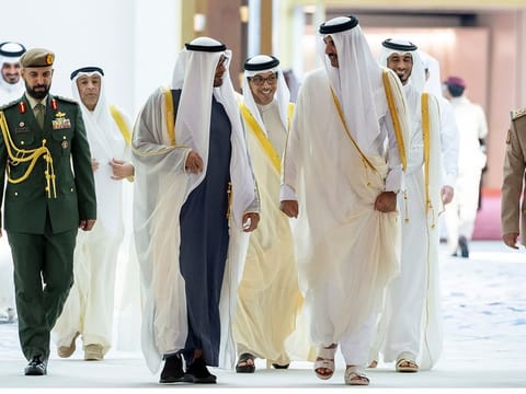 Sheikh Mohamed with Sheikh Tamim after he arrived in Doha on December 5, 2023.