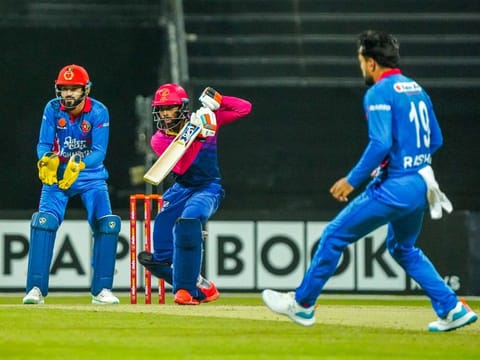 UAE's Vriitya Aravind playing Afghanistan skipper Rashid Khan during the Twenty20 series held earlier this year.