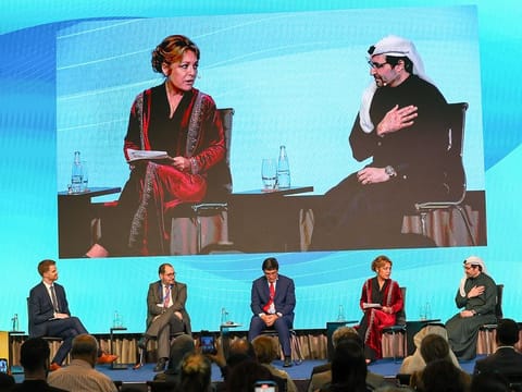 (from left) Dr Andrew Cunningham, Global Lead for Education at the Aga Khan Foundation; João Marques da Costa, Minister of Education, Portugal; Edil Baisalov, Deputy Chairman, Cabinet of the Ministers, Kyrgyz Republic; Yasmine Sherif, Executive Director of Education Cannot Wait; and Dr Tariq Al Gurg, CEO and Vice Chairman, Dubai Cares during a session at The RewirEd Summit 2023 at COP28 in Dubai on Friday