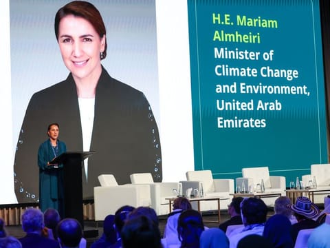 Mariam Almheiri, UAE Minister of Climate Change and Environment, addressing guests at The Mangrove Alliance for Climate Ministerial Conference at COP28 in Dubai.