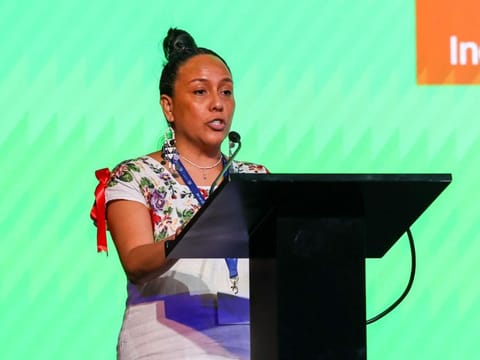 Dr Anita F. Tzec, a Maya activist from Belize, who is Senior Programme Manager, Indigenous Peoples and Conservation at IUCN, addressing COP28 in Dubai