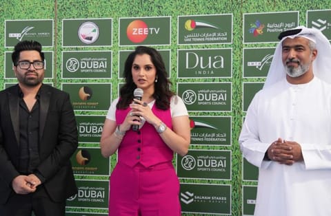 Sania Mirza speaks during the launch of the Dubai Open for Tennis Academies (DOTA) tournament.