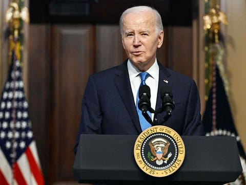US President Joe Biden speaks at a meeting of the National Infrastructure Advisory Council, in the Indian Treaty Room of the White House in Washington, DC, on December 13, 2023.
