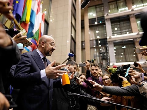 European Council President Charles Michel makes a statment to the media regarding opening accession negotiations with Ukraine and Moldova during an EU summit in Brussels, on Thursday, December 14, 2023.