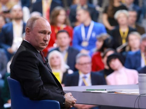 Russian President Vladimir Putin attends his annual end-of-year press conference and the Direct Line question and answer session, at Gostiny Dvor Exhibition Centre in Moscow on December 14, 2023.