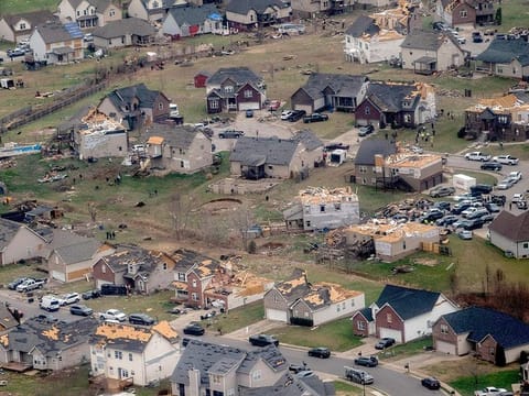 This aerial view from a Blackhawk helicopter shows damaged homes after a series of tornados swept through Tennessee.