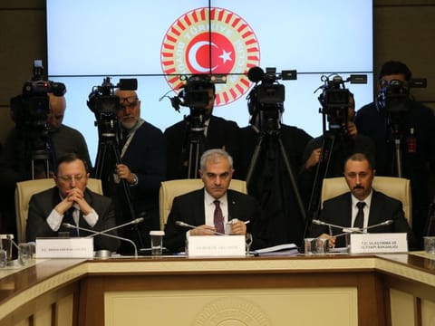 Deputy Minister of Foreign Affairs of Turkey Burak Akçapar (centre) attends a session of the Grand National Assembly of Turkey (TBMM)'s Foreign Affairs Committee at in Ankara on December 26, 2023.