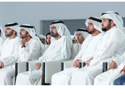 His Highness Sheikh Mohammed bin Rashid Al Maktoum, Vice President and Prime Minister of the UAE and Ruler of Dubai (centre); Sheikh Hamdan bin Mohammed bin Rashid Al Maktoum (2nd L), Crown Prince of Dubai and Chairman of The Executive Council of Dubai; Lt. General Sheikh Saif bin Zayed Al Nahyan (2nd R), Deputy Prime Minister and Minister of the Interior; Sheikh Ahmed bin Mohammed bin Rashid Al Maktoum (R), Second Deputy Ruler of Dubai; and Sheikh Mansoor bin Mohammed bin Rashid Al Maktoum (L), Chairman of the Dubai Sports Council, at the Arab Strategy Forum in Dubai on Wednesday