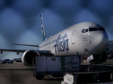 An Alaska Airlines Boeing 737 Max-9 aircraft grounded at Los Angeles International Airport (LAX) in Los Angeles, California, US.