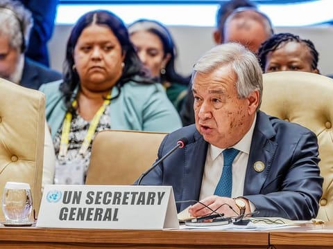 Secretary General of the United Nations Antonio Guterres delivers his speech during the closing session of the 19th Summit of Heads of State and Government of the Non-Aligned Movement (NAM) in Kampala on January 20, 2024.