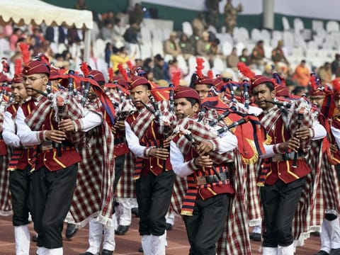 New Delhi: Students march past during the State-Level Republic Day function, at Chhatrasal Stadium, in New Delhi on Thursday. (ANI Photo/Ayush Sharma)
