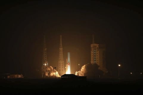 This photo released by the Iranian Defence Ministry on January 28, 2024, claims to show a satellite carrier is launched at the Imam Khomeini Spaceport in Iran's rural Semnan province.