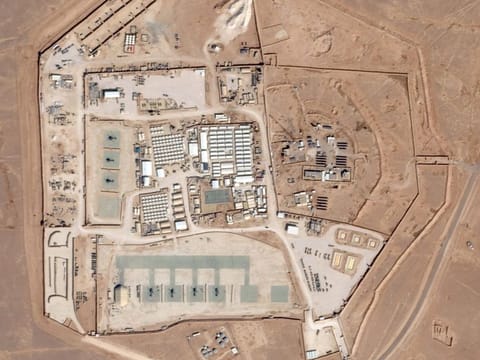 This satellite picture released on January 29, 2024 by Planet Labs PBC and captured on October 12, 2023 shows a view of the base, known as Tower 22, which is operated by US troops as part of an international coalition against the Daesh terror group, near Jordan’s border with Iraq and Syria in the northeastern Rwaished District. A drone attack on January 28, 2024 on the frontier base in Jordan’s northeast, killed three US troops.