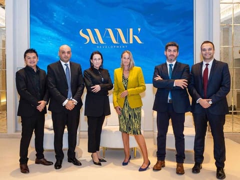 Swank leadership team, during the launch event of Swank Development in Dubai. From left to right: Steve Wong - Head of Design, Moustafa Elsaid - Head of Sales, Dina Vasques - Head of Finance, Sue Sidebottom - Deputy General Manager, Nuno Lopes - Deputy General Manager, and Prasenjit Ghosh, General Manager.