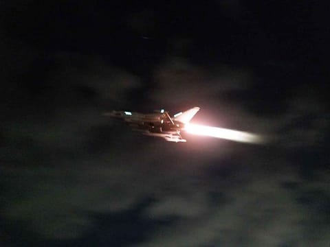 A handout picture released by the British Ministry of Defence (MOD) on February 3, 2024 shows a RAF Typhoon aircraft taking off to conduct further strikes against targets in Yemen.