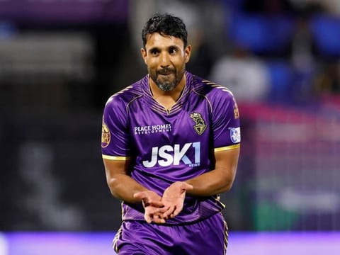 Abu Dhabi Knight Riders Ravi Bopara celebrates a Sharjah Warriors’ wicket at the Sharjah Cricket Stadium on Monday.