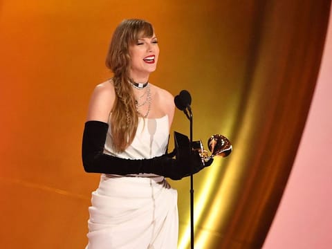 US singer-songwriter Taylor Swift accepts the Best Pop Vocal Album award for "Midnights" on stage during the 66th Annual Grammy Awards at the Crypto.com Arena in Los Angeles on February 4, 2024.