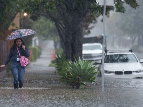 A flooded street in Santa Barbara, California, on February 4, 2024. Hurricane-force winds whipped the seas off California, while heavy rains raised flood risks from San Francisco to San Diego, as another powerful Pacific storm arrived on the state's doorstep.