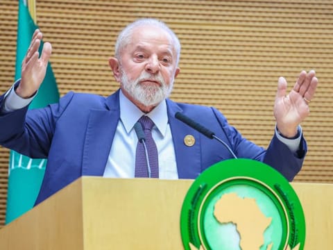 Luiz Inacio Lula da Silva speaking during the opening ceremony of the 37th Ordinary Session of the Assembly of the African Union (AU) at the AU headquarters in Addis Ababa on February 17, 2024.