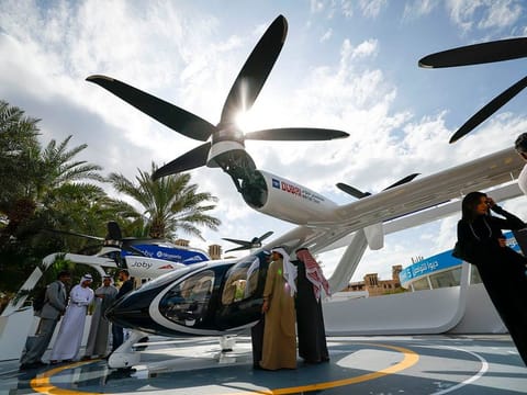 Joby Aviation’s eVTOL aircraft displayed at the World Governments Summit in Dubai on February 12, 2024. Joby and Dubai’s RTA signed a deal that allows the US company to operate air taxi services in the emirate for six years from 2026.