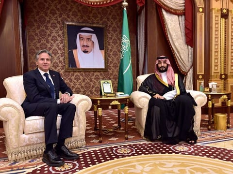 Saudi Arabia's Crown Prince Mohammed bin Salman, left, meets with US Secretary of State Antony Blinken in Jeddah