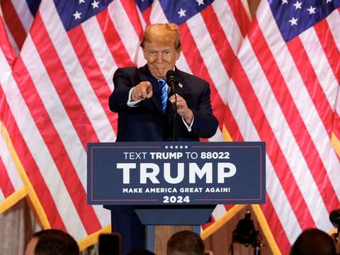 Republican presidential candidate and former U.S. President Donald Trump gestures as he speaks at a watch party event to mark the Super Tuesday primary elections at his Mar-a-Lago property, in Palm Beach, Florida, U.S. March 5, 2024.