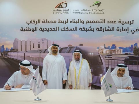 His Highness Dr Sheikh Sultan bin Mohammed Al Qasimi, Supreme Council Member and Ruler of Sharjah, and Sheikh Theyab bin Mohamed bin Zayed Al Nahyan, Chairman of Etihad Rail, at the announcement ceremony in Sharjah on Wednesday
