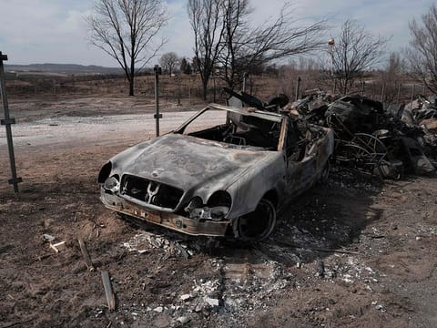 All that remains of a home sit at the curb in front of where the house once stood in the aftermath of the Smokehouse Creek fire on March 05, 2024 in Canadian, Texas.
