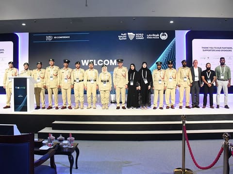 Sheikha Salama bint Mohammed bin Rashid Al Maktoum (8th L) with Dubai Police Chief Lt Gen Al Marri (9th L) at the World Police Summit in Dubai last week