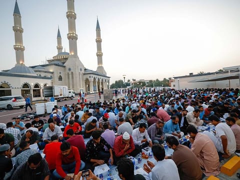 Al Farooq Omar bin Al Khattab Mosque in Dubai hosts complimentary iftar for thousands of worshippers ending their fast daily during Ramadan