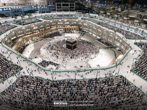 Grand Mosque packed with worshippers performing the voluntary nightly prayers Taraweeh in Ramadan on Monday.
