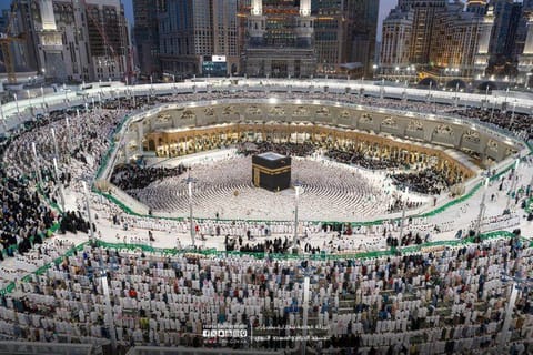 The faithful performing the Maghreb (sunset) prayers on Saturday at the Grand Mosque.