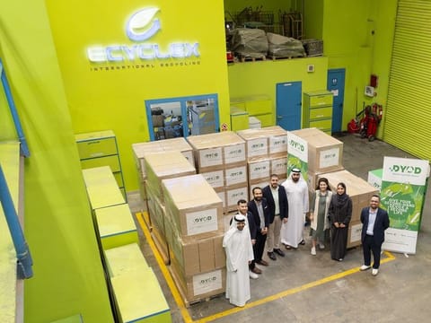 The ‘Donate Your Own Device’ (DYOD) campaign represents an innovative partnership for education and sustainability. Dr Waleed Al Ali with the DYOD team.